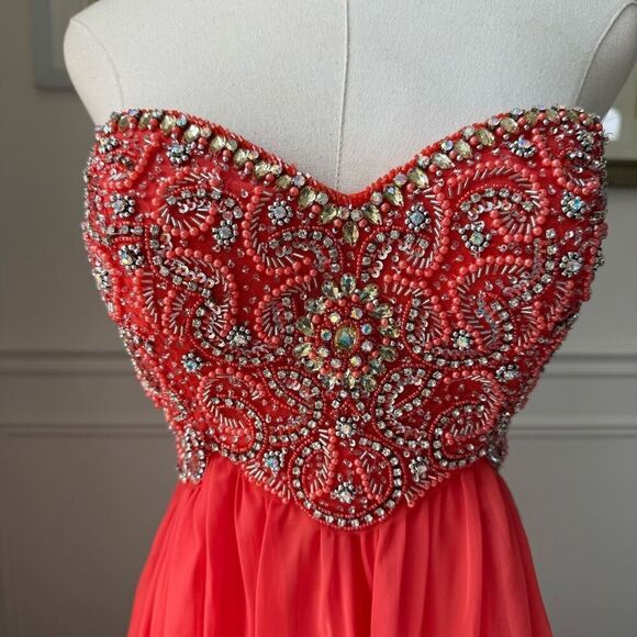 Sherri Hill Sweetheart Strapless Beaded Coral Formal Gown Prom Pagent Dress 0972 - Picture 2 of 10